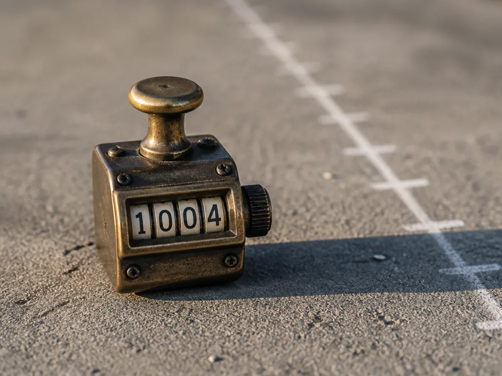 Macro photograph of a small four-dollar mechanical tally counter resting on weathered grey sidewalk…
