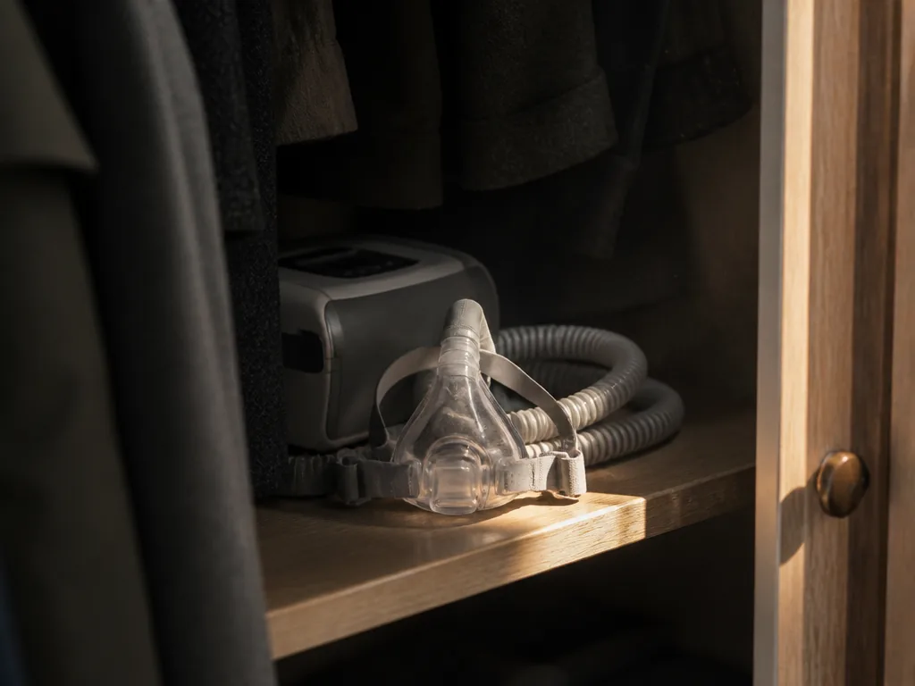 Photorealistic still-life photograph of a CPAP machine and its tangled mask and hose pushed…