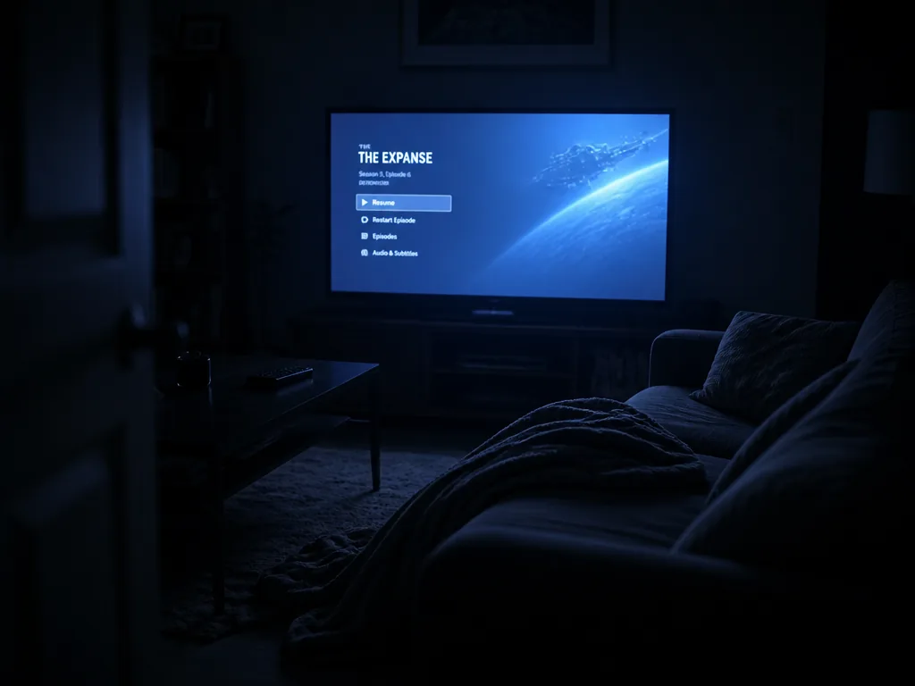 Photorealistic wide interior photograph of a darkened living room at 1 a.m., shot from…