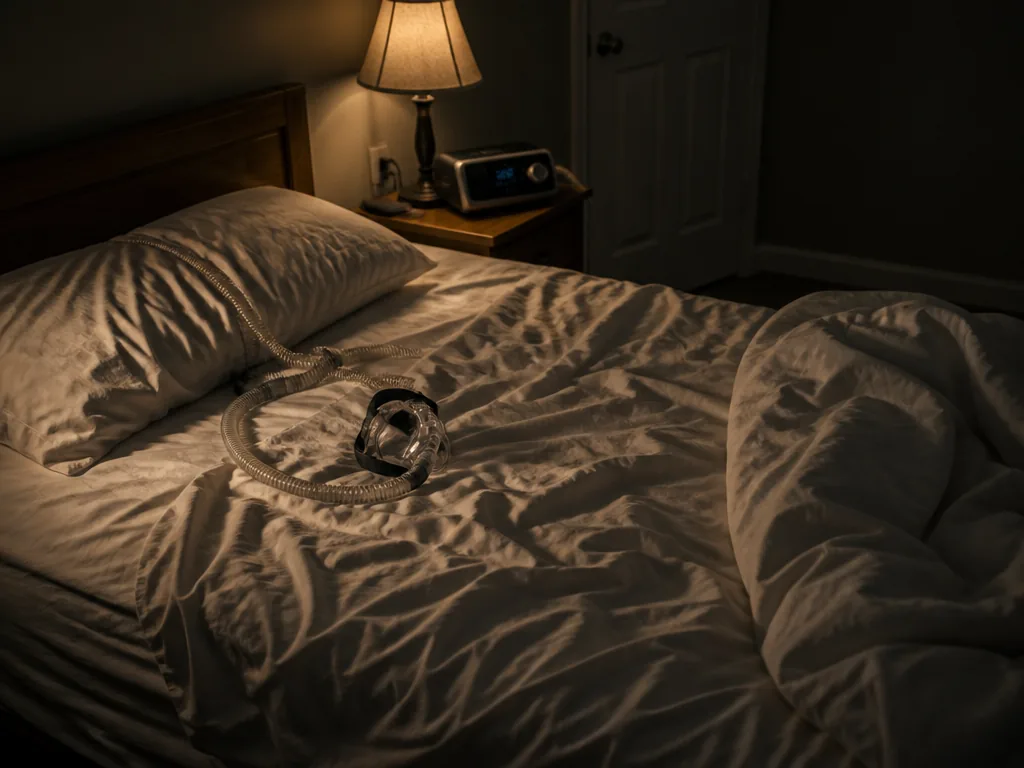 A photorealistic overhead night shot of an empty unmade bed in a dim suburban…