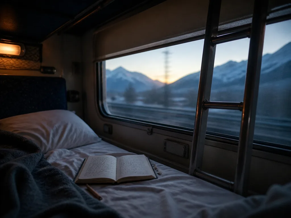A photorealistic documentary photograph taken from inside a European night train couchette compartment at…