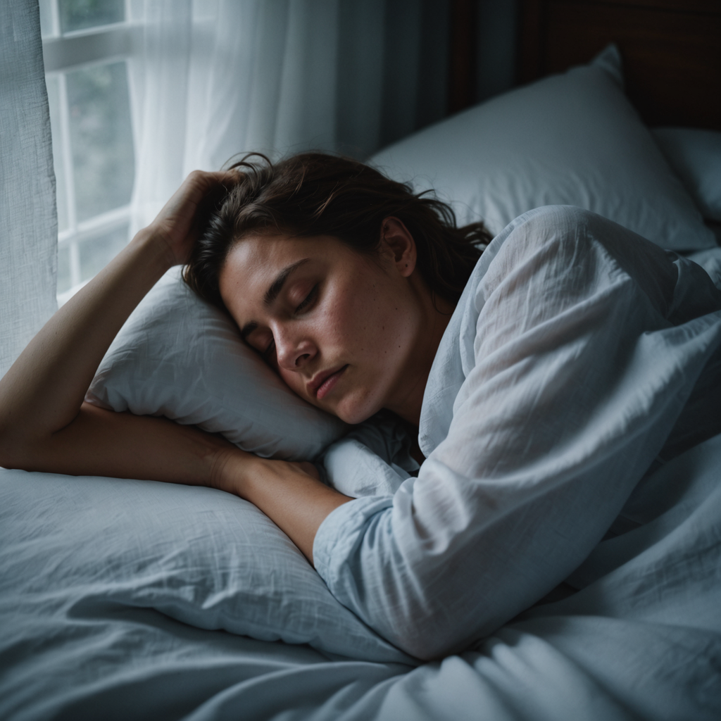 A serene overhead shot of a person sleeping peacefully in a dimly lit bedroom…