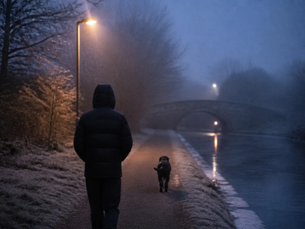 Photorealistic pre-dawn photograph of a narrow canal towpath in winter at 6 a.m., a…