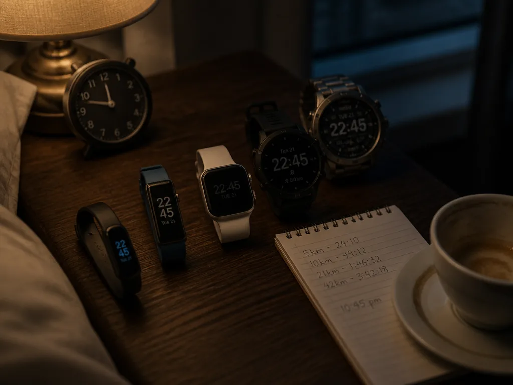 Photorealistic overhead still-life on a dark walnut bedside table at night: five different smartwatches…