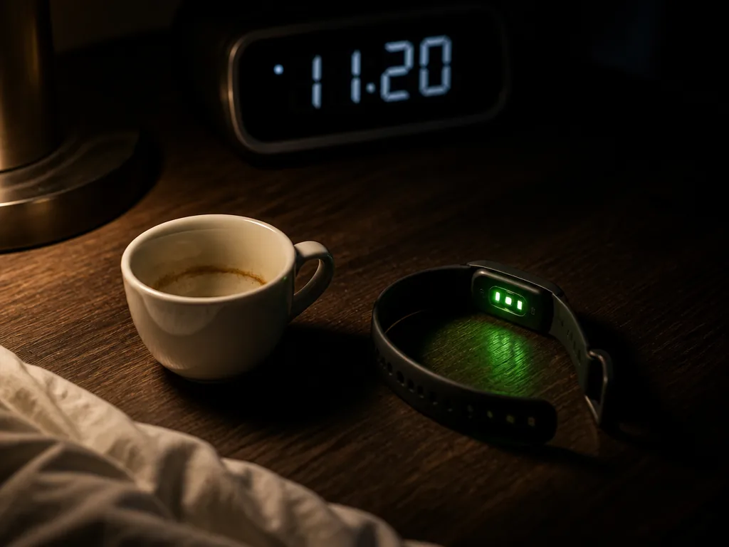 A photorealistic overhead still-life photograph taken at night on a dark walnut nightstand: a…