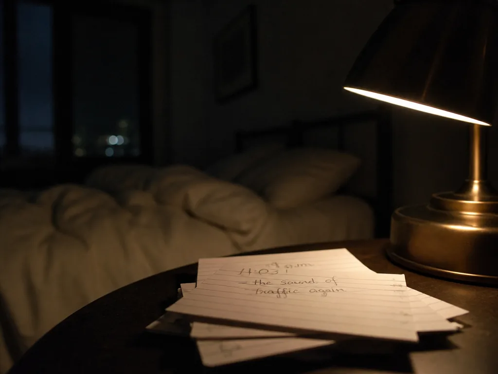 A dim bedroom at 11 p.m., photographed at eye level from the foot of…