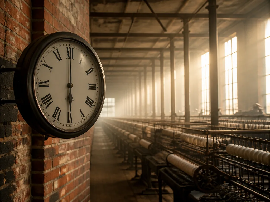 A wide-format archival photograph of a 19th-century cotton mill interior at dawn: rows of…