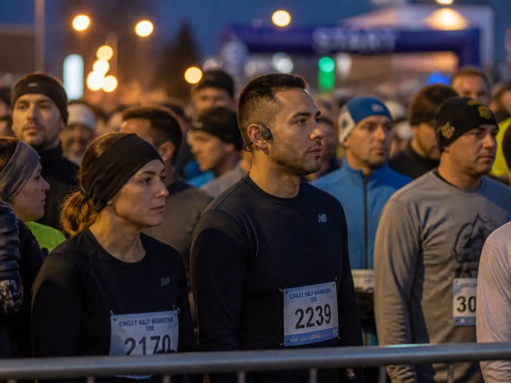 Photorealistic documentary photograph of a pre-dawn road race start corral: a dense crowd of…