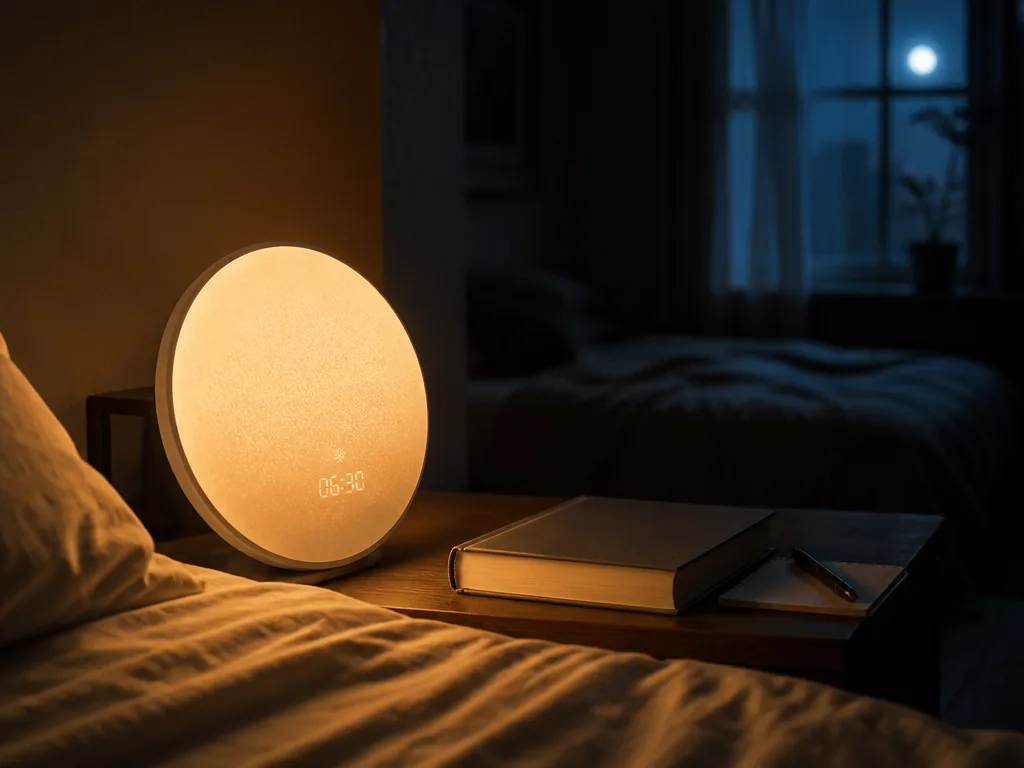 A photorealistic nighttime interior photograph of a minimalist bedroom nightstand, shot at eye level…