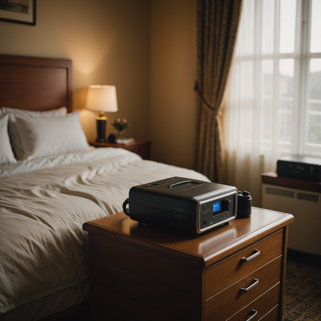 A compact travel CPAP machine sitting on the wooden nightstand of a dimly lit…