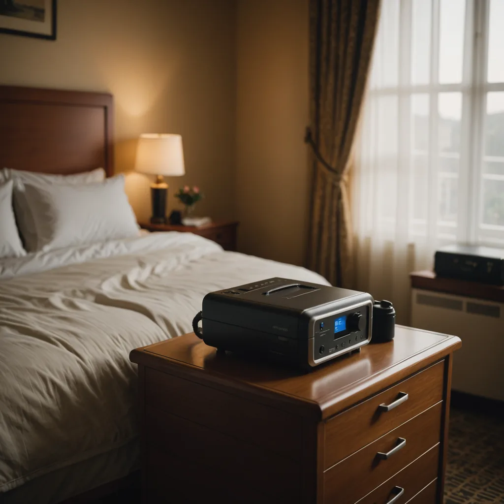 A compact travel CPAP machine sitting on the wooden nightstand of a dimly lit…