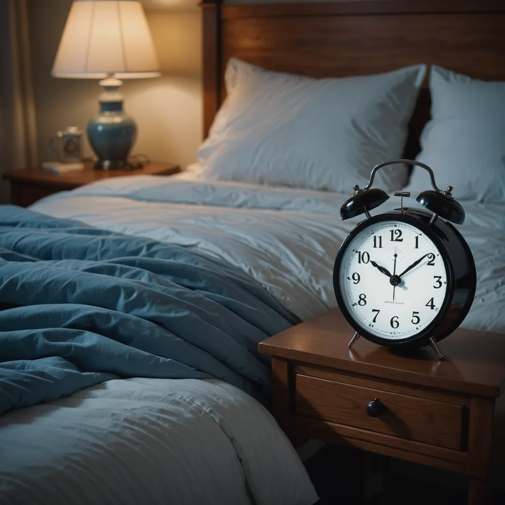 A close-up photorealistic photograph of an analog bedside clock on a wooden nightstand reading…