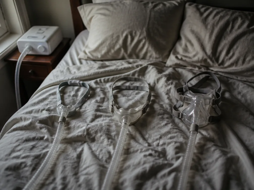 A photorealistic overhead still-life photograph taken from directly above a rumpled queen bed at…