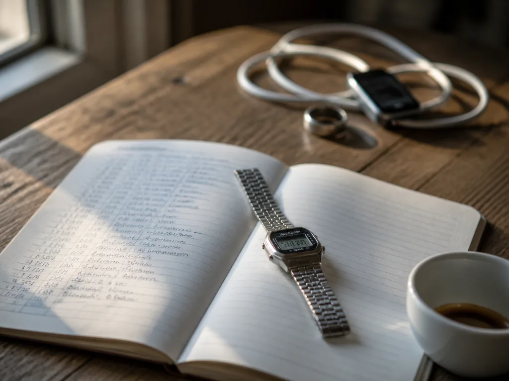 A photorealistic overhead still-life on a worn oak kitchen counter at dawn: an open…