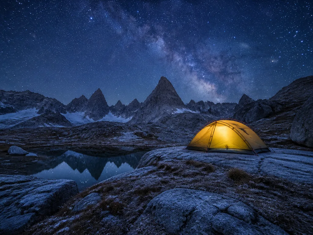 A photorealistic wide-angle photograph of a two-person tent glowing warm amber from within, pitched…