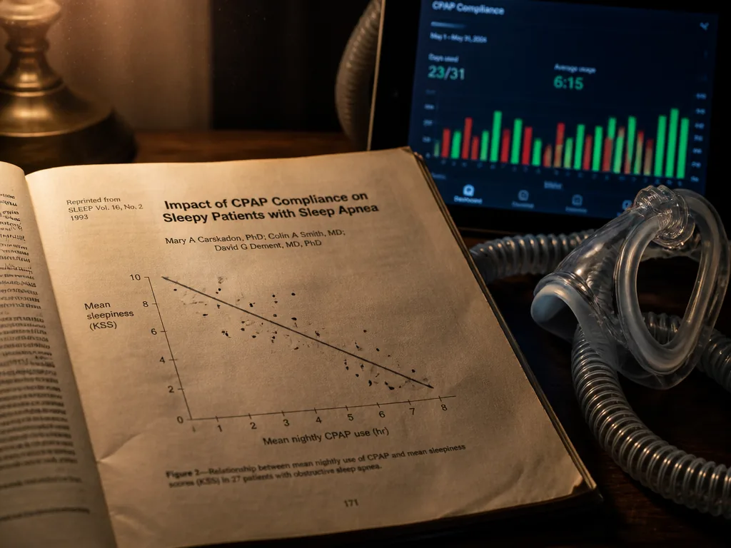 A photorealistic overhead still-life photograph of a worn 1993 medical journal reprint lying open…