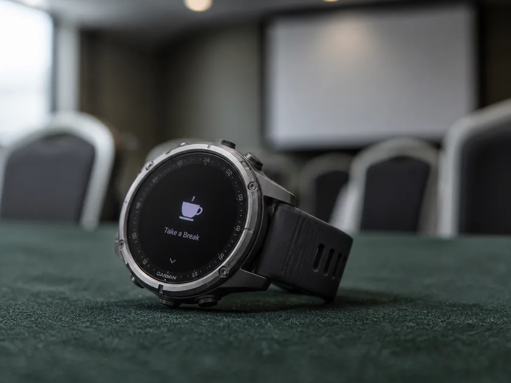 A single high-end multisport GPS watch resting alone on a felt-topped hotel function-room table…