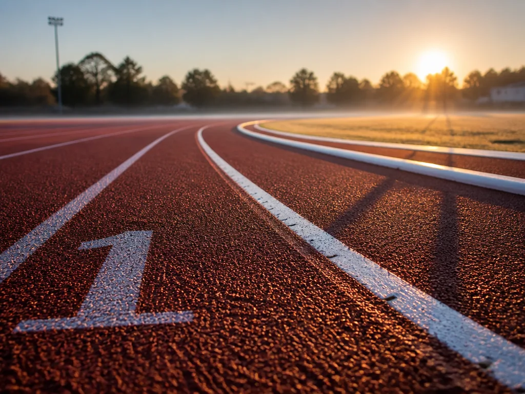 A certified outdoor 400-metre running track at dawn, photographed from a low angle just…