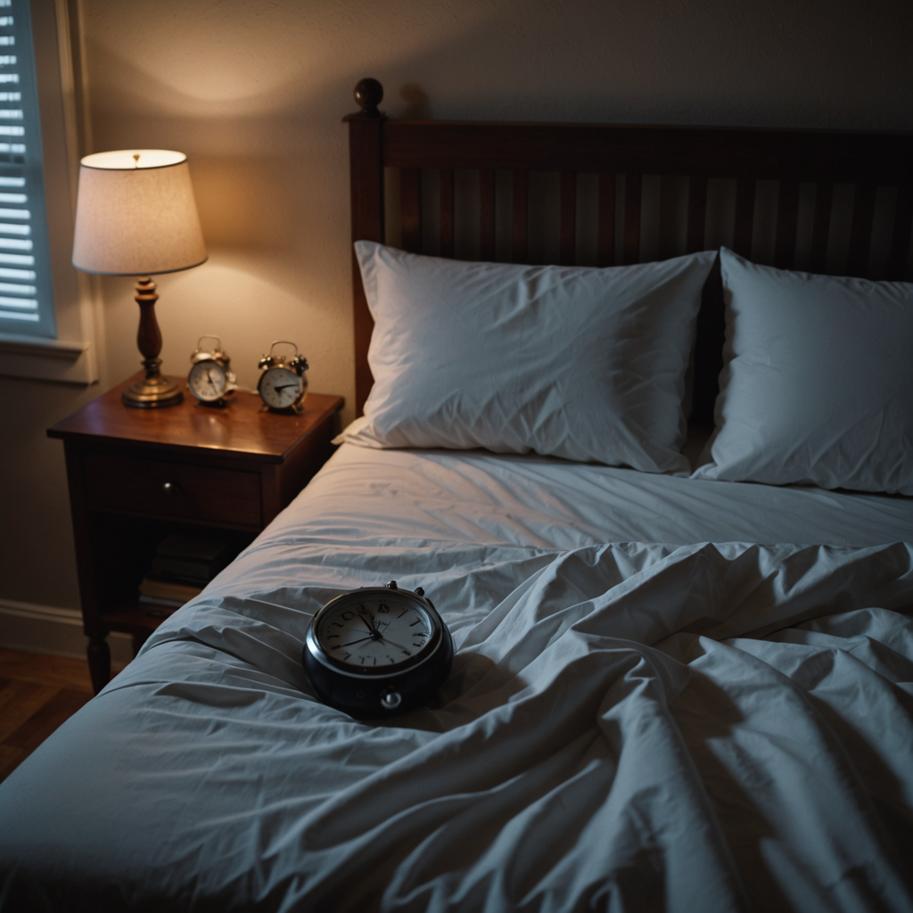 A photorealistic overhead shot of a dimly lit bedroom at 3 a.m., showing an…