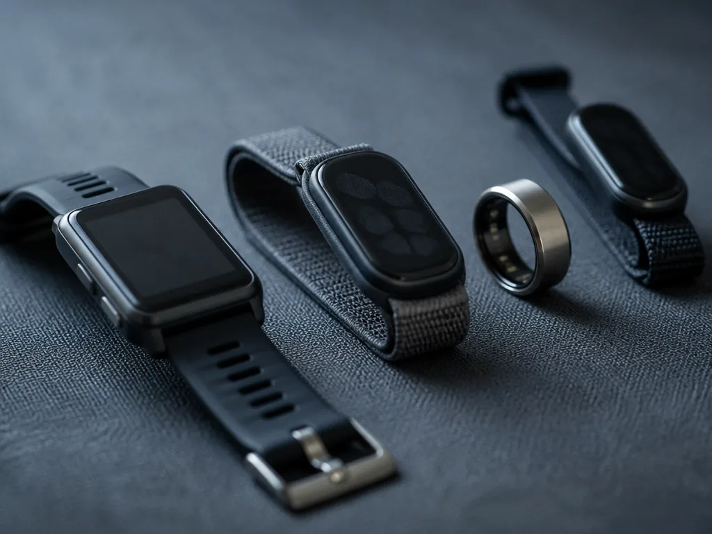 A macro photograph of four wearable fitness trackers arranged in a loose row on…