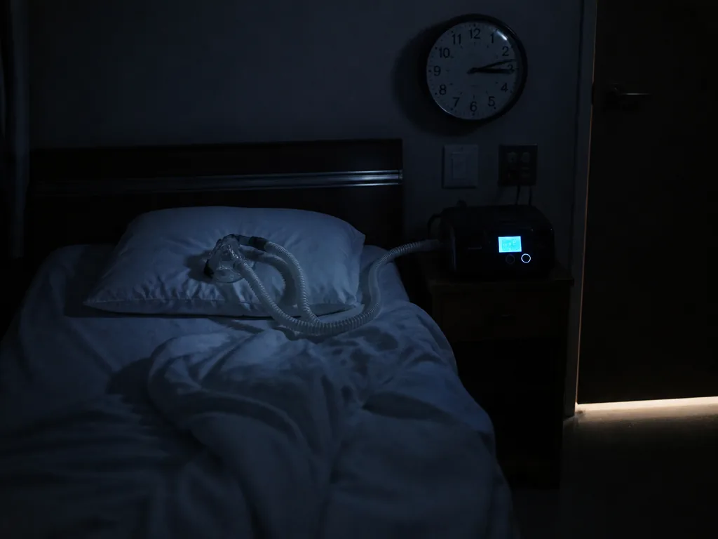 A photorealistic overhead medical photograph of an empty hospital sleep-lab bed at 3:14 in…