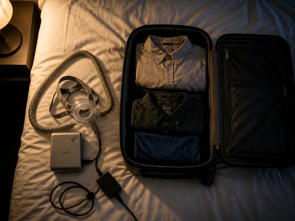 A photorealistic overhead still life on a hotel bed's white duvet at night: an…