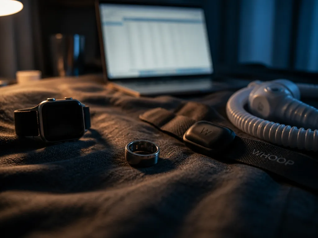 A photorealistic editorial still life shot on a rumpled charcoal-grey bedsheet at pre-dawn, four…