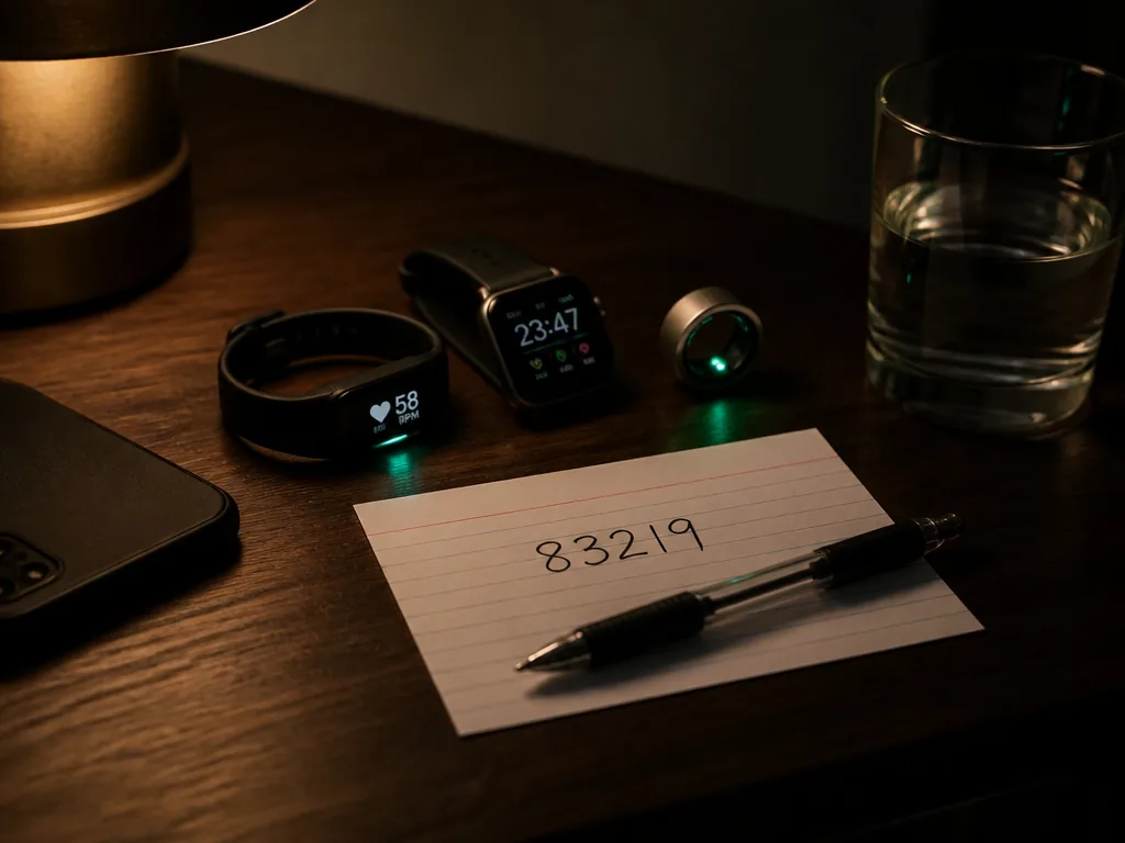 A photorealistic overhead still-life photograph taken at night on a dark walnut nightstand: three…