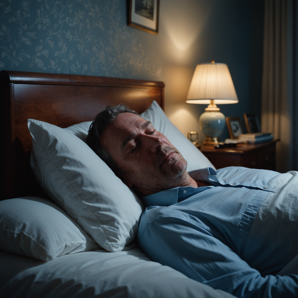 Photorealistic overhead photograph of a middle-aged man asleep on his back in a dim…