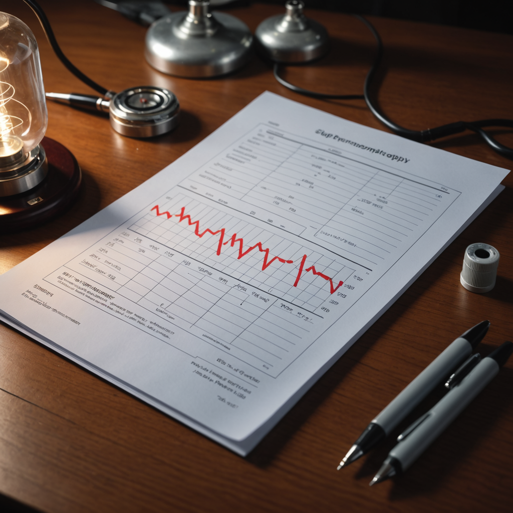 Close-up photorealistic medical photograph of a sleep study polysomnography report on a clinician's wooden…