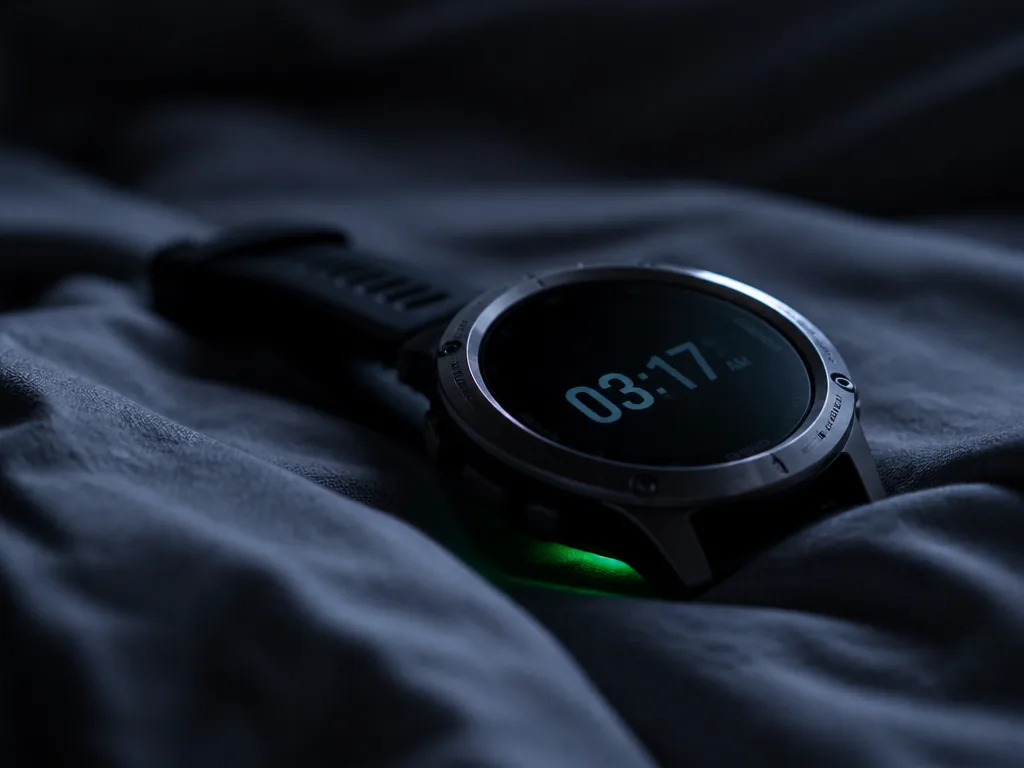 A close-up photorealistic macro photograph of a rugged multisport GPS watch resting face-up on…