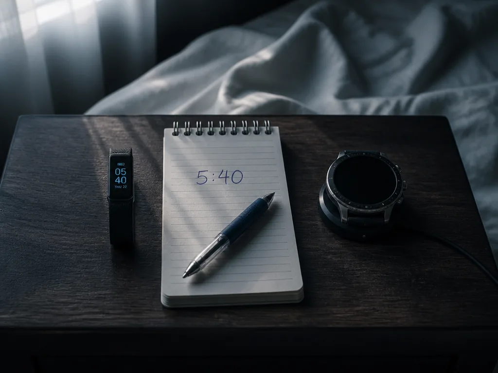 A photorealistic overhead still-life photograph taken on a dark walnut nightstand at 5:40 in…