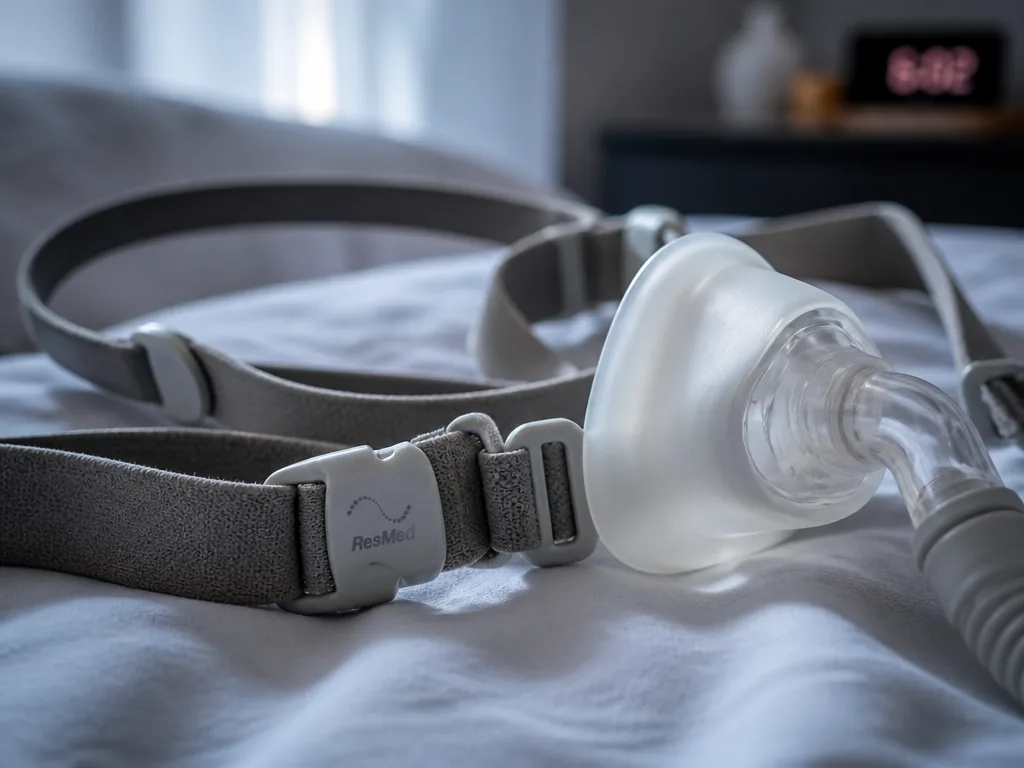 Photorealistic close-up product still life of a modern nasal CPAP mask resting on a…