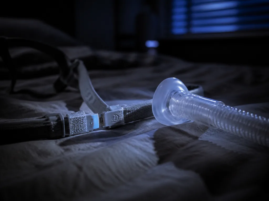 A photorealistic still-life photograph of a modern CPAP nasal mask and its headgear straps…