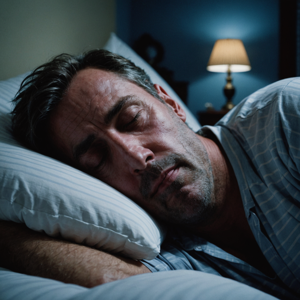 A photorealistic close-up of a middle-aged man asleep on his back in a dimly…