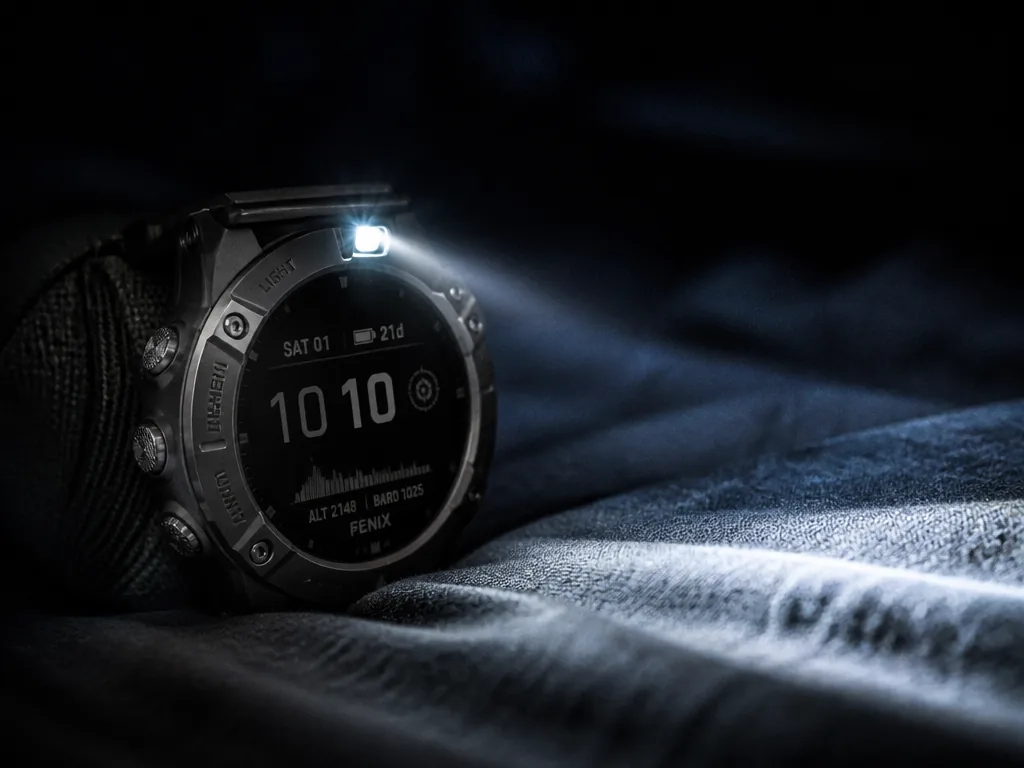 A close-up macro photograph of a rugged multisport smartwatch resting on a rumpled dark…
