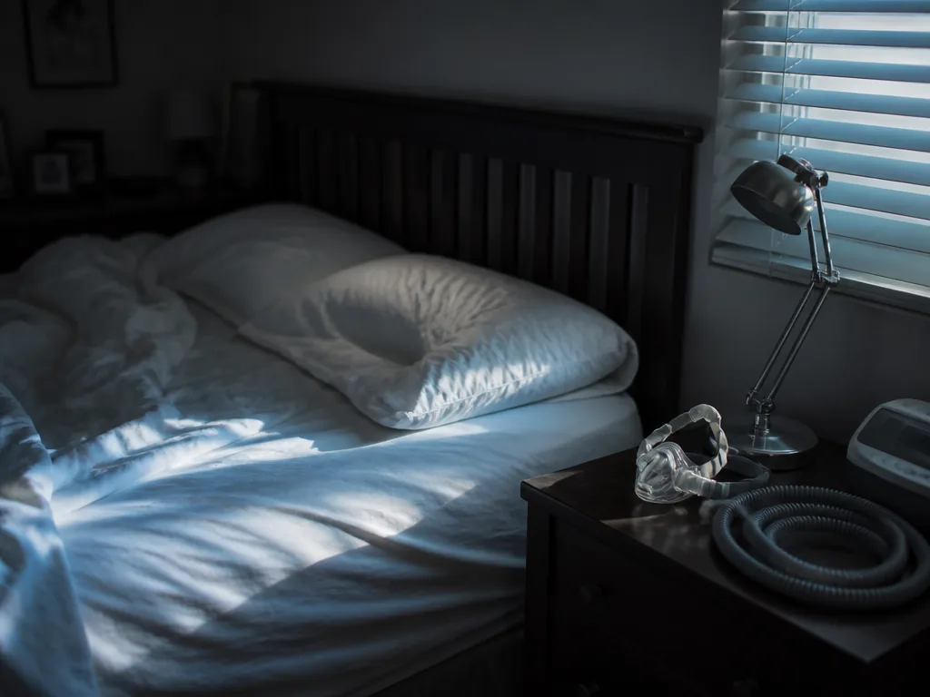 A photorealistic close-up of an unmade bed at dawn in a quiet suburban bedroom…