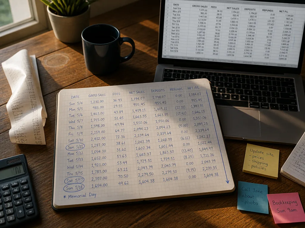 A photorealistic overhead flat-lay shot of a home office desk at early Sunday morning…