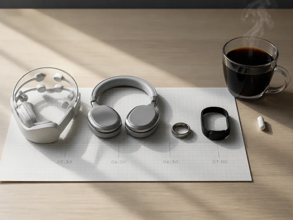 A tight overhead photograph of a pale oak desk at dawn, arranged with clinical…