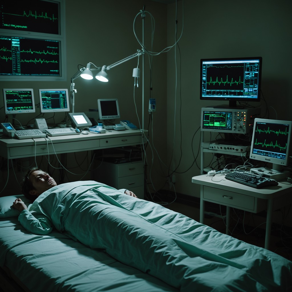A dimly lit clinical sleep laboratory at night, photographed from the foot of an…