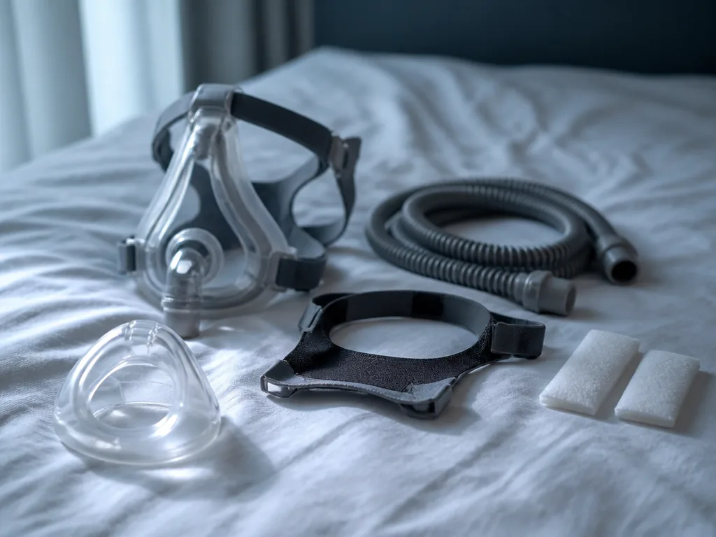 Photorealistic close-up still life on a rumpled white bedsheet at dawn: a full-face CPAP…