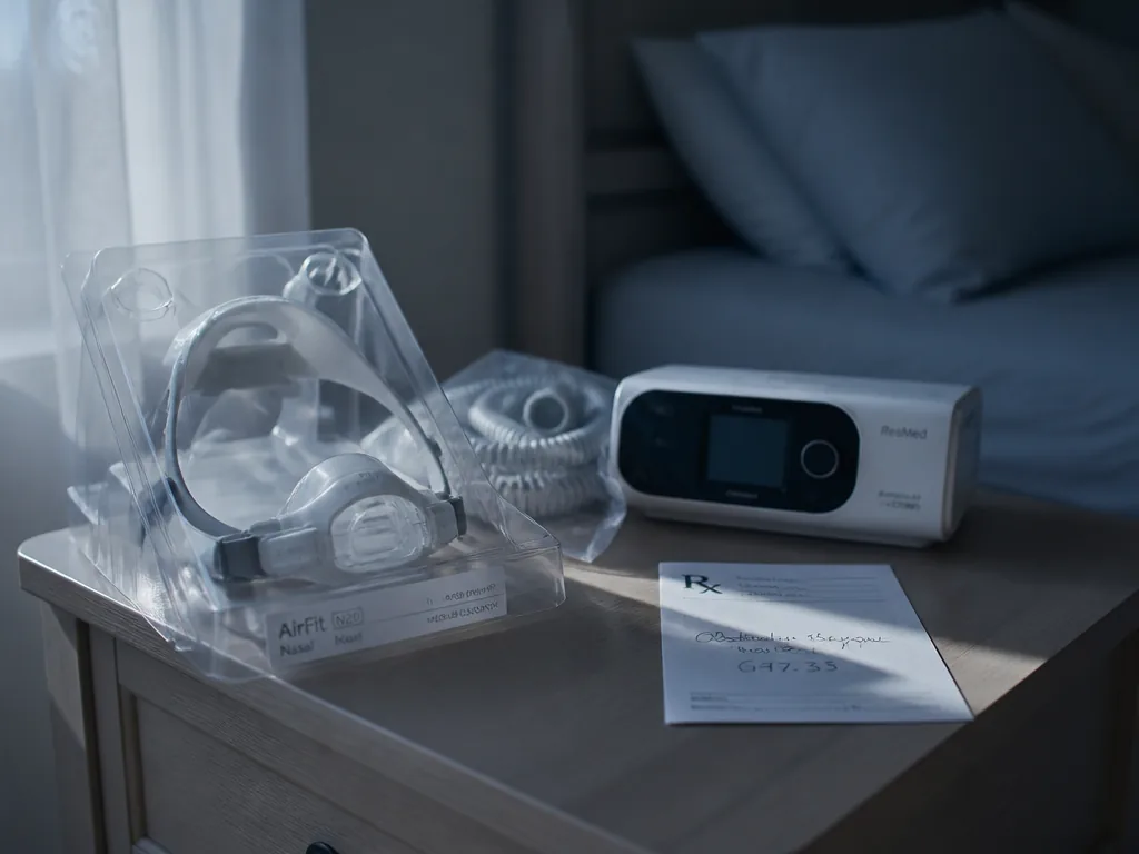 A photorealistic still-life photograph of an unopened CPAP therapy setup arranged on a pale…