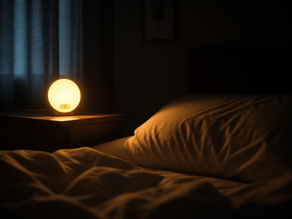 A dark north-facing bedroom photographed at 6:38 a.m. in deep winter, the only illumination…