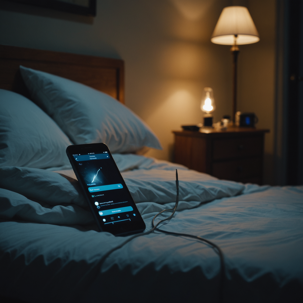 A dimly lit bedroom at 3 a.m., photographed from a low angle beside the…