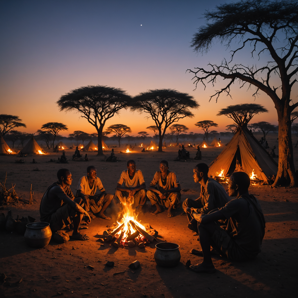 A wide-angle photograph of a Hadza encampment in the Tanzanian savannah at dusk, low…