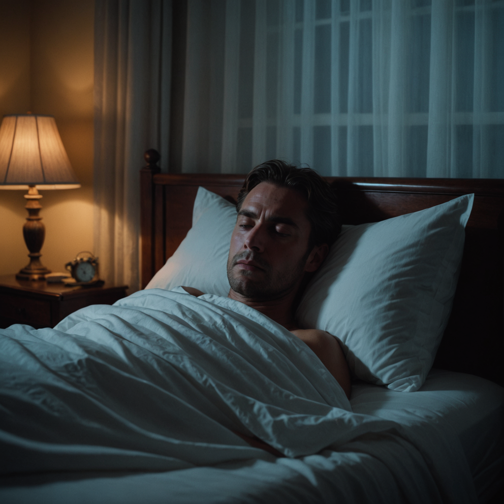 A dimly lit bedroom photographed at 3 a.m., a person lying on their left…