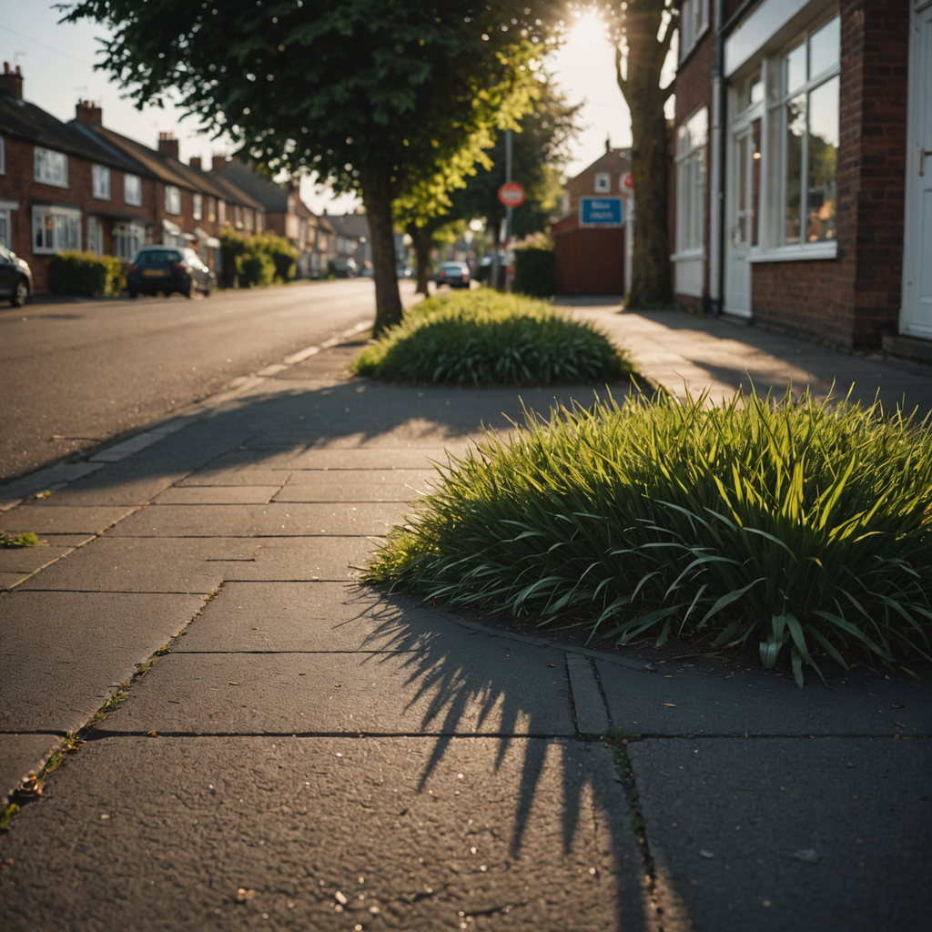 A quiet suburban footpath photographed in soft early morning light, empty pavement stretching toward…
