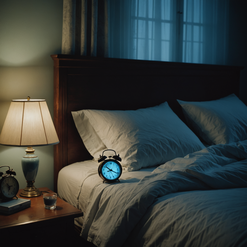 A dimly lit bedroom at 2:47am, photographed from the foot of the bed, showing…