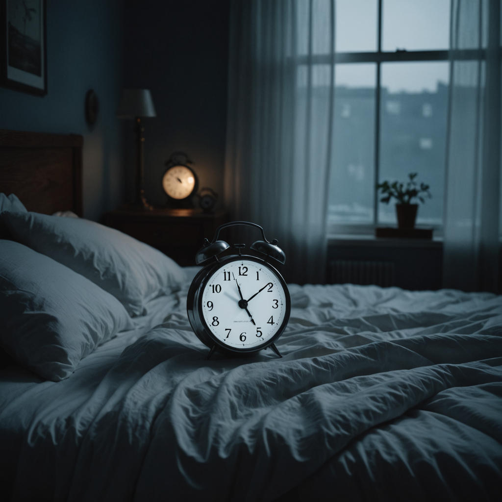 A dimly lit bedroom at 3am, soft blue moonlight filtering through sheer curtains onto…