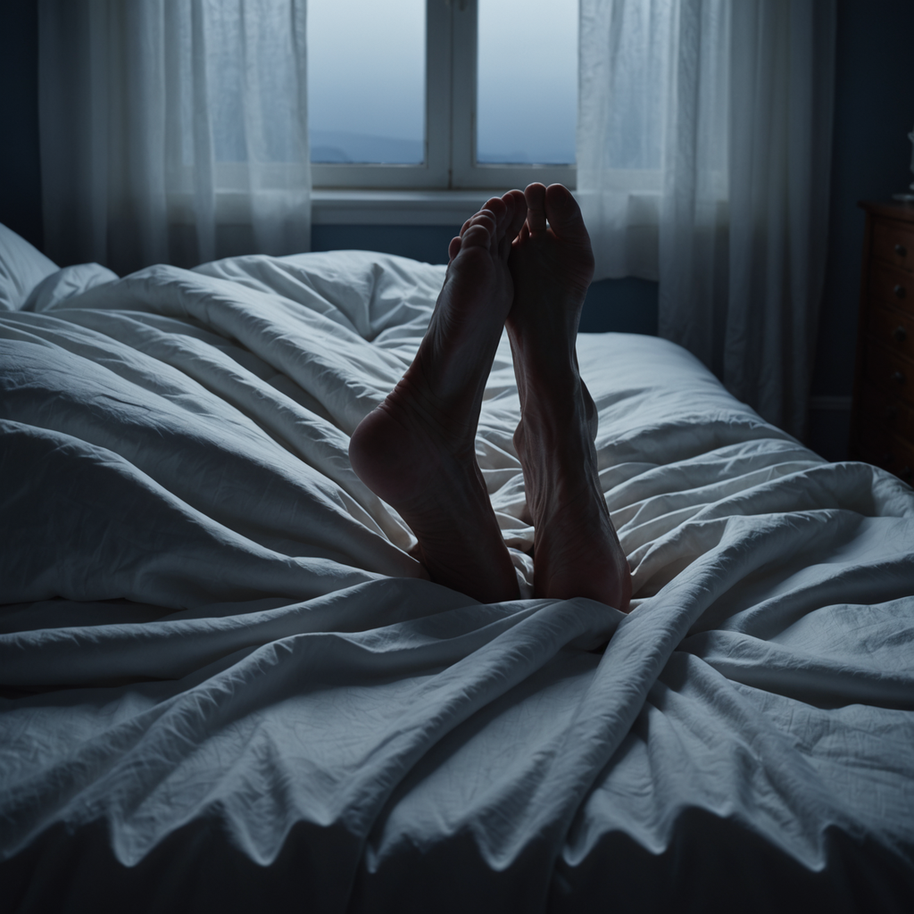 A photorealistic close-up nighttime photograph of a person's bare lower legs and feet tangled…